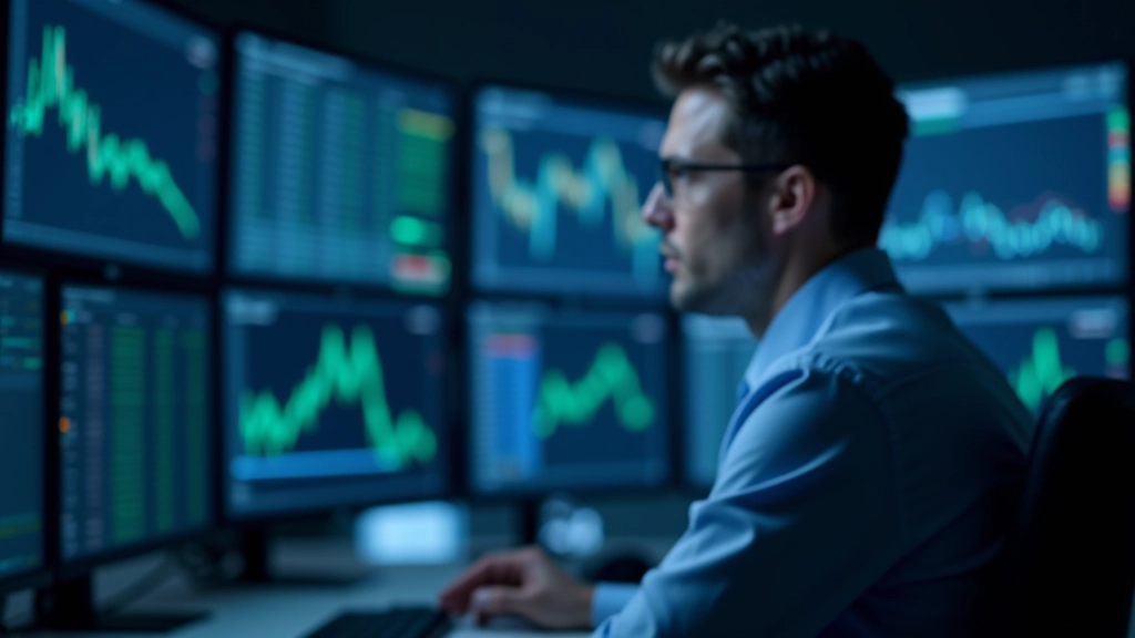 Finanzanalyst an modernem Arbeitsplatz mit mehreren Monitoren, die Anleihenmarktdaten anzeigen