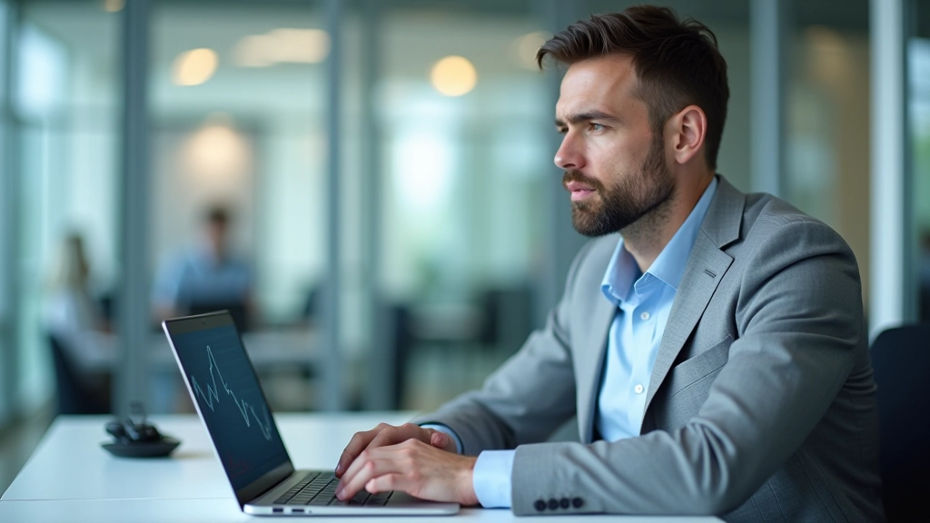 Moderner Laptop zeigt Finanzdiagramme und Datenanalyse mit Kaffeetasse auf aufgeräumtem Schreibtisch mit statistischen Unterlagen