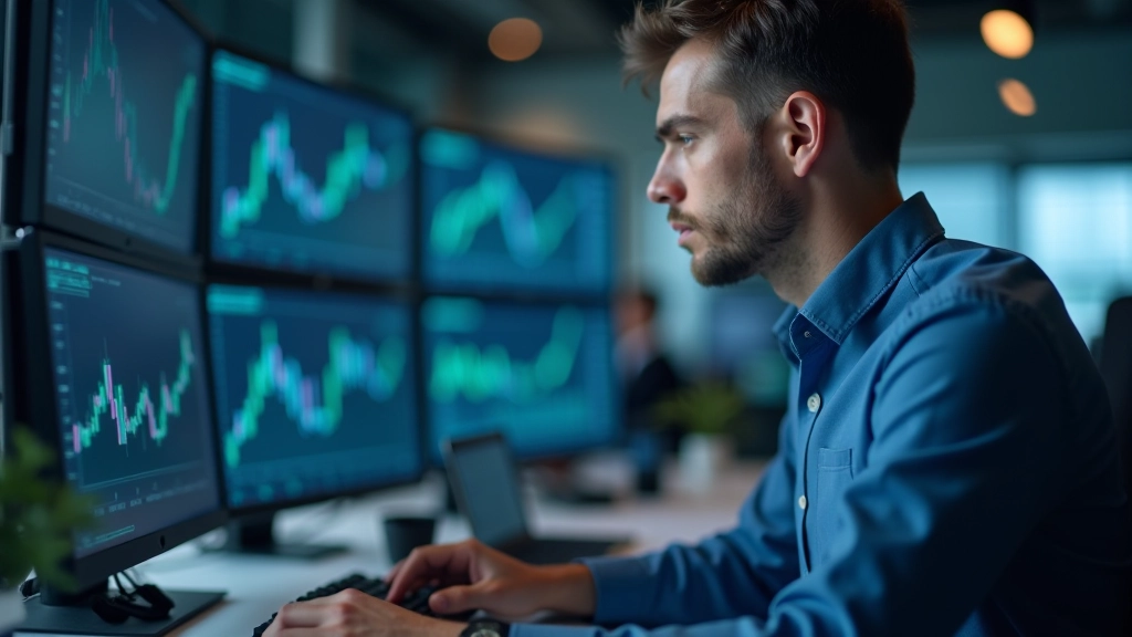 Finanzprofessional analysiert Markttrends und Schuldenmetriken auf mehreren Bildschirmen in moderner Finanzumgebung