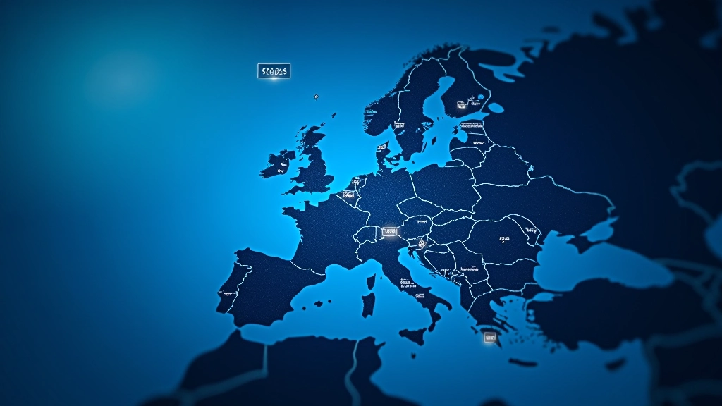 Europäische Wirtschaftskarte mit Datenmarkierungen und Verbindungslinien, die Finanzflüsse darstellen