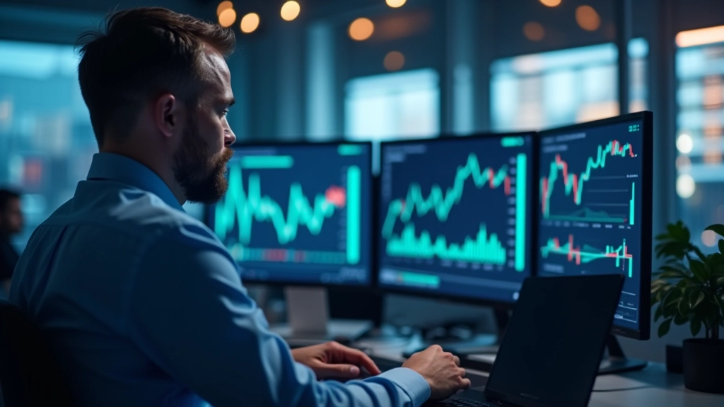 Modernes Finanzanalytik-Büro mit mehreren Monitoren und Marktdaten