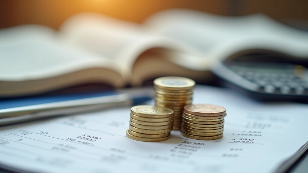 Gestapelte Münzen neben aufgeschlagenen Finanzbüchern, Taschenrechner und Notizblock mit Zahlen