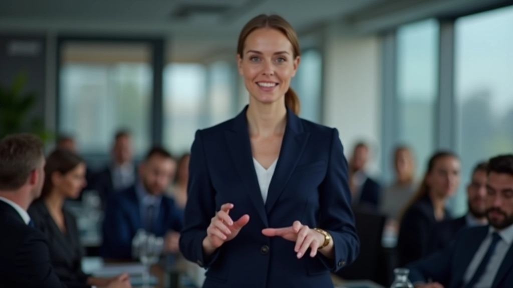 Geschäftsfrau in blauem Anzug führt Präsentation mit Zahlen und Grafiken durch, beratend vor Publikum